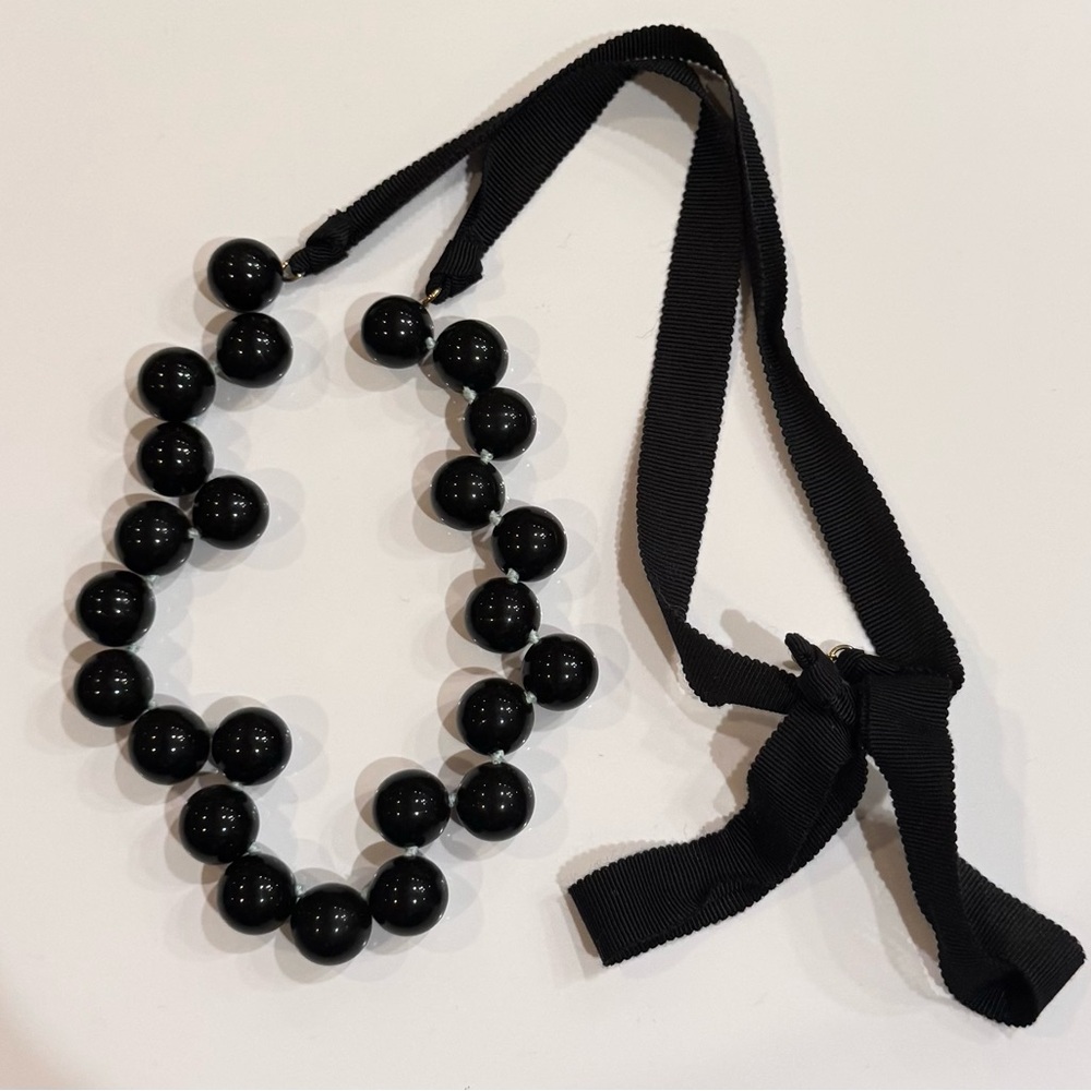 J Crew Black Bead Necklace with Ribbon Tie